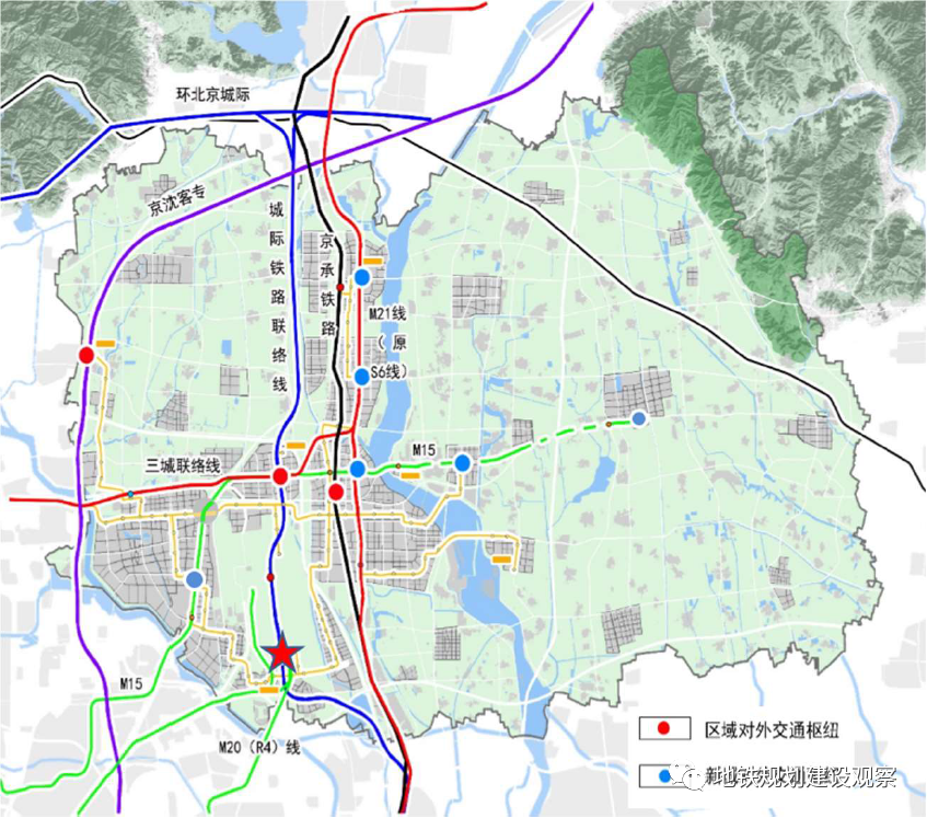 其中, 新城内以南法信站,顺义站进行枢纽构建,新城外以顺义西站为